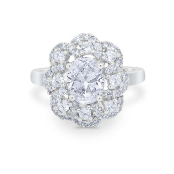 Art Deco Oval Engagement Ring Halo Simulated Cubic Zirconia 925 Sterling Silver